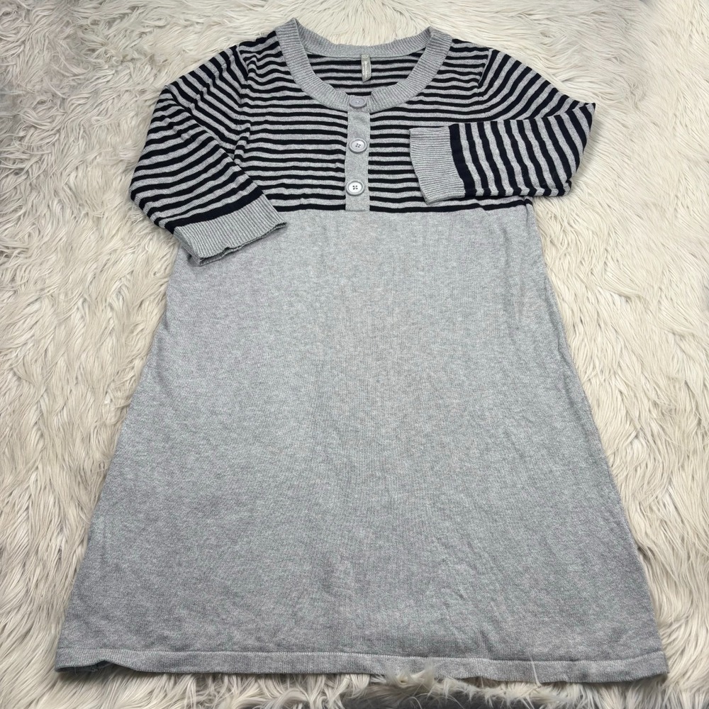 Hanna Andersson Women's L Gray Black Striped Henley Sweater Dress Preppy Twee‎